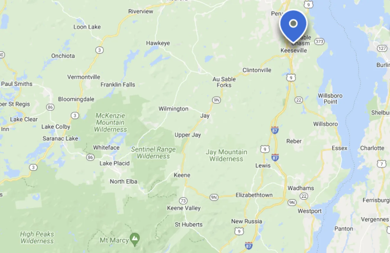 Chesterfield and Keeseville on a map.